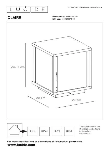 Lucide CLAIRE - Lámpara baliza - 1xE27 - IP54 - Antracita - técnico